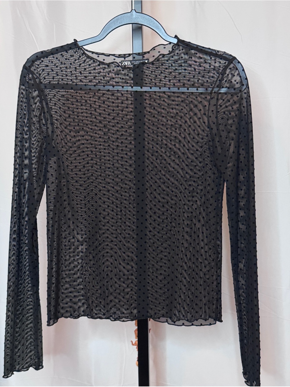 Zara Black Sheer Flocked Polka Dot Mesh Long Sleeve Top Size S EUC